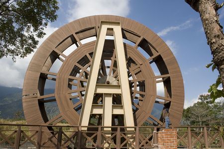 This is a wooden watermill, in a rice producing area of Taiwan.の写真素材