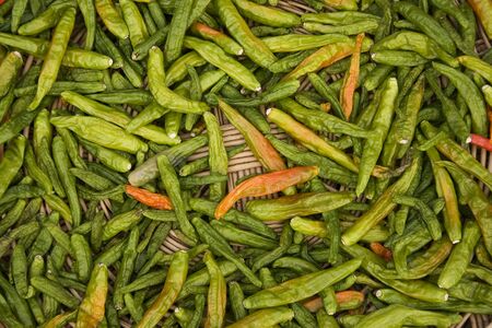 Green and some red chilies being dried outside a restaurant.の写真素材