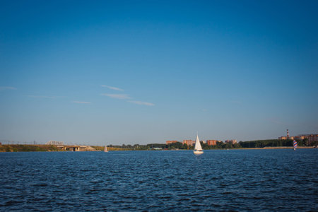 water, sky, white yacht, sail, white, blue, sea, white yacht, sail, water, sky, blueの写真素材