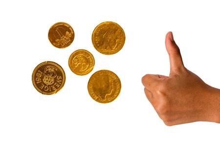Woman hand with thumb up and gold isolated on white background