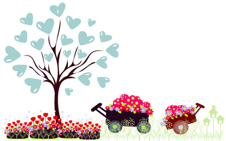 Wheelbarrow full of flowers and tree with heartsのイラスト素材