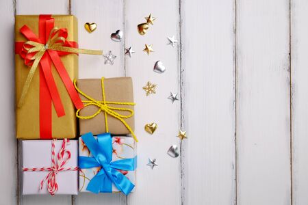 Beautiful gift box decoration on white wood background design, important day concept.の写真素材