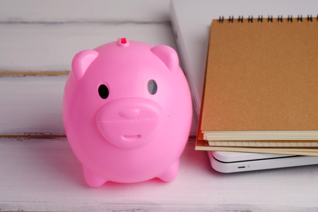 Pink piggy bank  and money on white wooden background, close up and selective focus.の写真素材