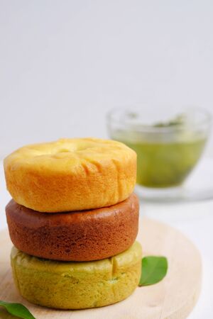 Close up of Donut isolated on white wooden background. Selective focus and decorated.の写真素材