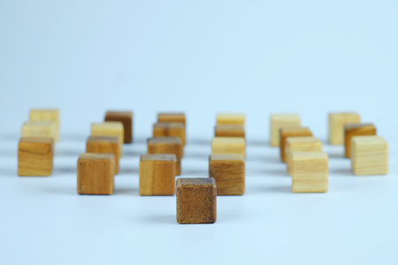 One wooden block standing from other standing in row. Business concept metaphor to leadership for survive. Selective focus dominant wooden block.の写真素材