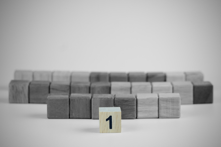 One wooden block standing from other standing in row, black and white tone, vignette effect. Business concept metaphor to leadership for survive. Selective focus dominant wooden block.の写真素材