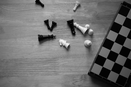 Top view of Chess background concept, black and white tone, vignette effect. Business concept able to survive or dominant from competition. Selective focus.の写真素材
