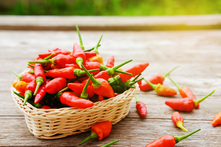 Close up of hot chili peper on basket and wooden background with sunlight, copy space concept.の写真素材