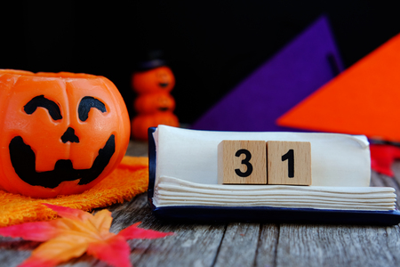 Close up of Happy halloween and 31 october on wood  background concept, selective focus and Happy halloween day.の写真素材