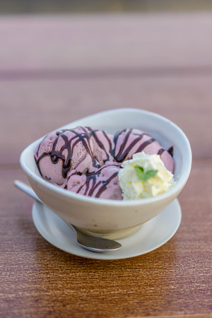Homemade organic of ice cream rice berry in bowl, healthy dessert and selective focus.の写真素材