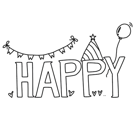 Hand drawn sketch of wording Happy on white background, vector illustration with design, cute doodle concept.の写真素材