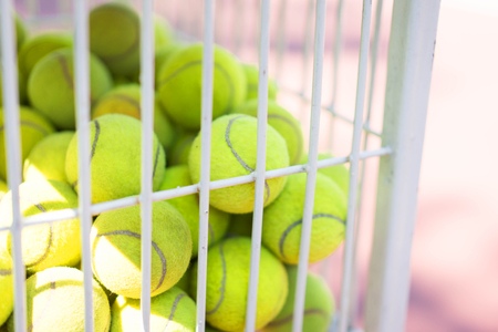 Close up of Tennis ball in the basket and tennis court.の写真素材