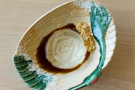 Top view of wate cake or rain drop mizu mochi on plate and Japanese style dessert.の写真素材