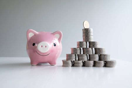 coin and pink piggy bank with coins pyramid, step up growing business to success and saving for retirement concept.の写真素材