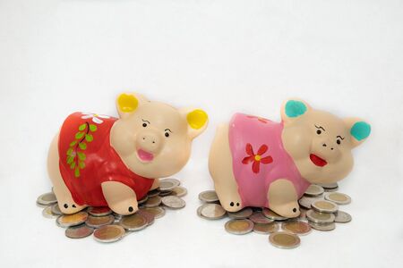 Red and Pink piggy bank saving money and coins pile.の写真素材