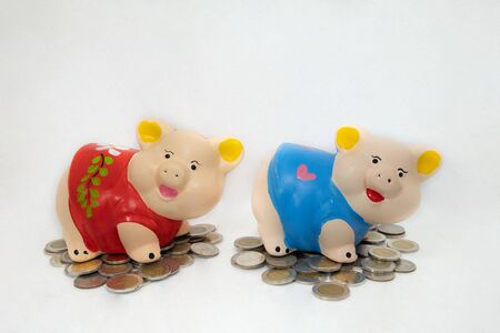 Red and Blue piggy bank saving money and coins pile.の写真素材