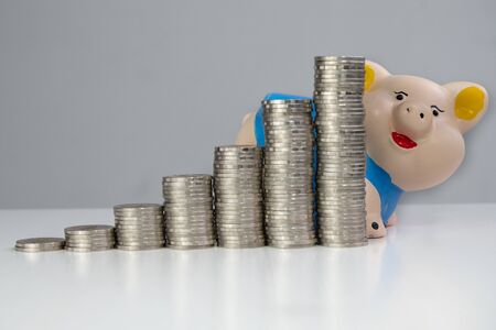 Blue piggy bank saving money with coins bar graph.