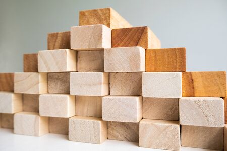 Wood block tower with architecture model, Concept Risk of management and strategy plan, growth...