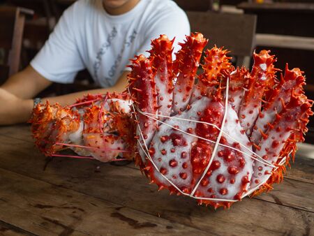 woman with two king crabs Alaska frozen ready on wood table for cooking.の写真素材