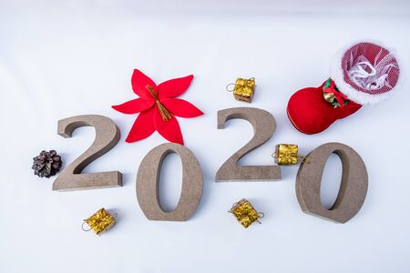 2020 wooden character with cone, set new business goals with New Year 2020.の写真素材