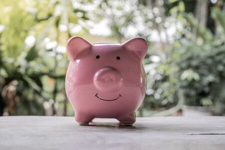 Pink piggy bank on wooden table with the natural background, step up growing business to success and saving for retirement conceptの写真素材