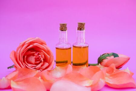 Essential oil in bottles extracted from rose.の写真素材