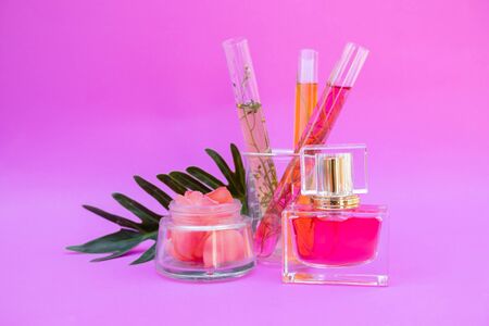 Essential oil in bottles extracted from rose.