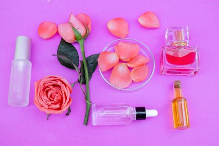 Essential oil in bottles extracted from rose.の写真素材