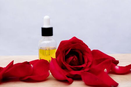 Essential oil in bottles extracted from rose.の写真素材