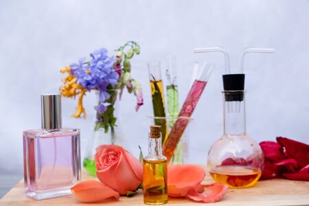 Essential oil in bottles extracted from rose.