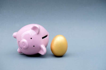 Pink piggy bank with golden eggs, step up the growing business to success and saving for retirement concept.の写真素材