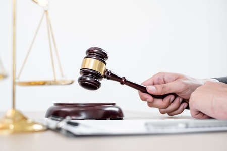 Judges gavel, Professional male lawyers work at a law office There are scales, Scales of justice,...