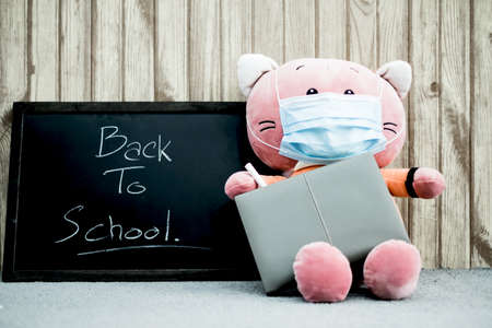 Back to School. A masked doll with a blackboard labeled Back to School. College concept, back to school after the 2019 coronavirus outbreak.の写真素材