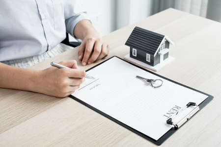 Agents working in real estate investment and lease contracts, contract home insurance home purchase...