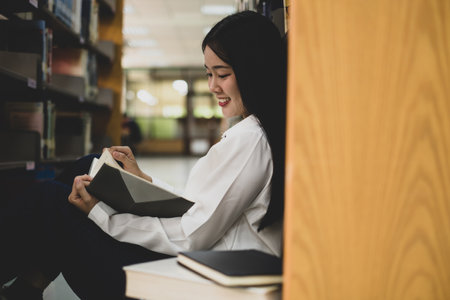 Young Asian women are searching for books and reading books on the tables and aisles of the college libraries to research and develop their academic and education self.の写真素材