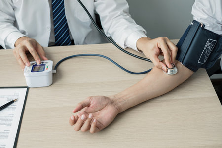 Man doctors measured blood pressure, the patient examined the heartbeat, and talked about health...