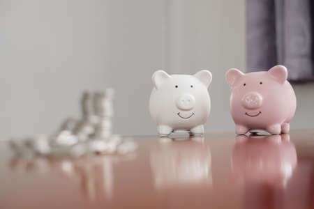 piggy bank with golden coins pile, step up growing business to success, and saving for retirement...