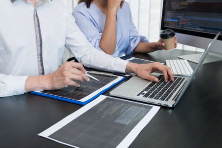 Team of programmers working with computer programming, professional development, and coding...
