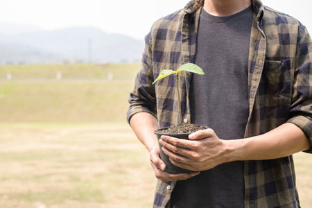 The young man's hands are planting young seedlings on fertile ground, taking care of growing plants. World environment day concept, protecting nature.の写真素材