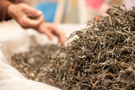 dried green tea leaf. Top tea leaves natural products, are ingredients in making beverages. Selected...