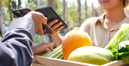 Customer using smartphones for payment cashless QR scan code technology on-screen in shopping. concept payment.の写真素材