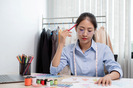 Beautiful young Asian fashion tailor with textile sewing accessories and entrepreneur designer sketches are full of bright colors on the desk with a laptop for creative ideas in the studio.の写真素材