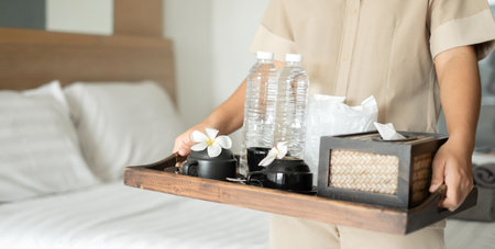 The housekeeper hotel cleans and arranges things in order. prepares to welcome VIP guests.の写真素材