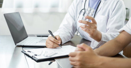 Female doctors who treat patients make an appointment to listen to the results after a physical...