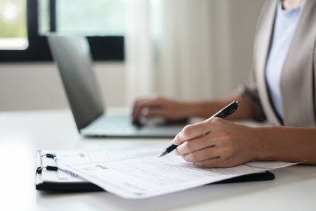 Business woman employer holding resume hiring recruit looking cv resume to hire candidates,...