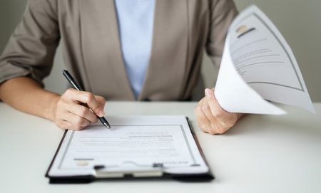 Business woman employer holding resume hiring recruit looking cv resume to hire candidates,...