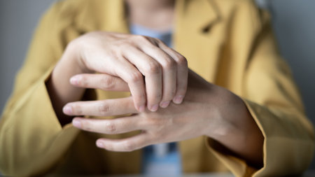 Woman hand with wrist pain numbness and pain in the palm of the hand has pain and tingling in the...