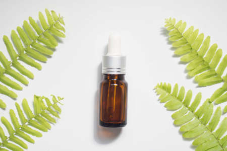Natural beauty cosmetic product for skincare concept. Brown glass vial w/ dropper and organic green...