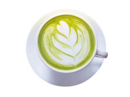 A cup of matcha green tea latte art isolated on white background. Top view.の写真素材