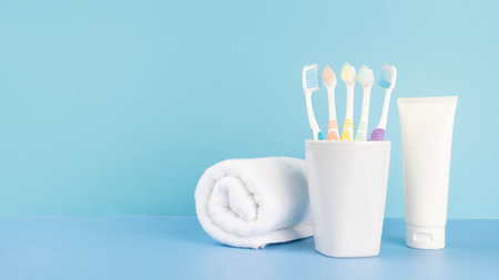 Toothbrushes in a glass with toothpaste and towel on light blue table in bathroom. Dental health care and oral hygiene concept. Copy space.の写真素材
